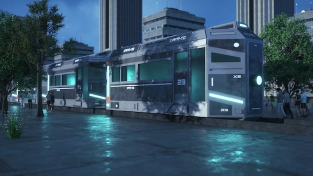 A futuristic cityscape featuring autonomous electric buses and cars moving efficiently on designated lanes. Smart traffic management systems and real-time information displays are visible, showcasing the integration of technology in promoting sustainable urban transportation.