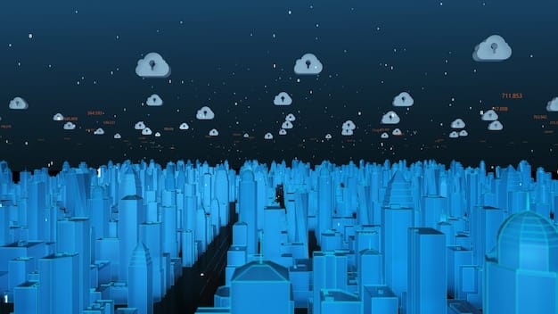 An illustration depicting a secure data flow within a smart city, showcasing encryption layers, access controls, and real-time threat detection systems protecting sensitive information.