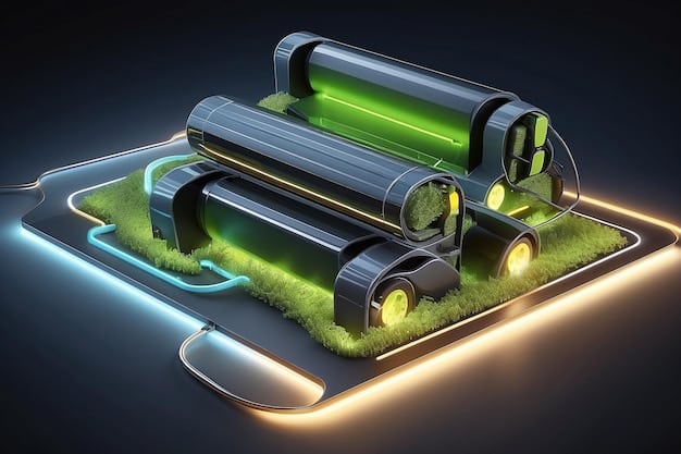 A visualization of an energy storage system (e.g., a large battery bank) connected to a smart grid, illustrating the flow of energy from renewable sources.