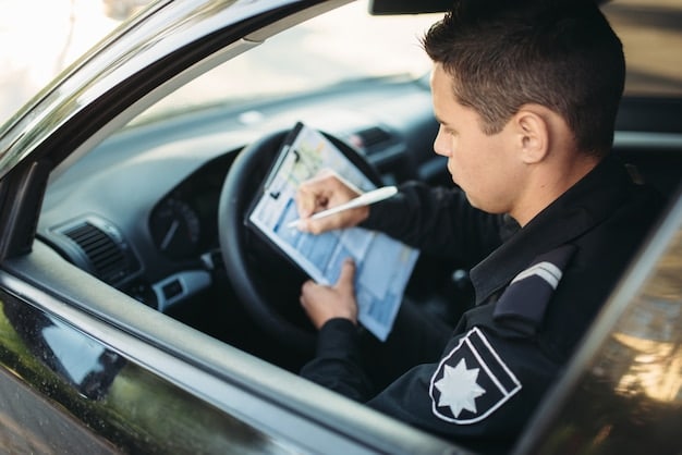 Close-up shot of a police officer using a tablet device in a patrol car. The tablet displays a real-time crime map with overlaid data points indicating recent incidents and high-risk areas. The officer is focused on the screen, analyzing the information to make informed decisions.