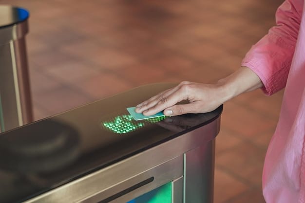 Close-up of a smart waste bin sensor displaying real-time fill level data on a digital screen, set against an urban background with pedestrians and buildings.