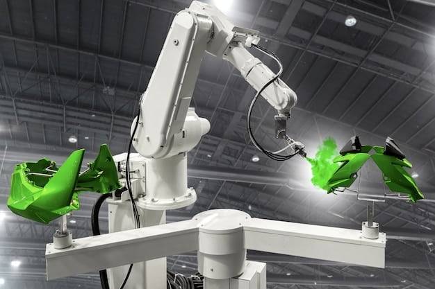 A futuristic waste sorting plant with robotic arms using AI to identify and separate different types of recyclable materials on a conveyor belt. Various colored bins are visible, each designated for a specific material.