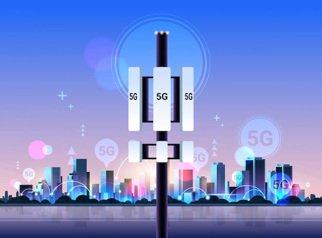 Visualization of a city map overlaid with 5G network coverage, showing interconnected devices such as sensors, vehicles, and smartphones transmitting data seamlessly. The image emphasizes the ubiquitous connectivity enabled by 5G technology.
