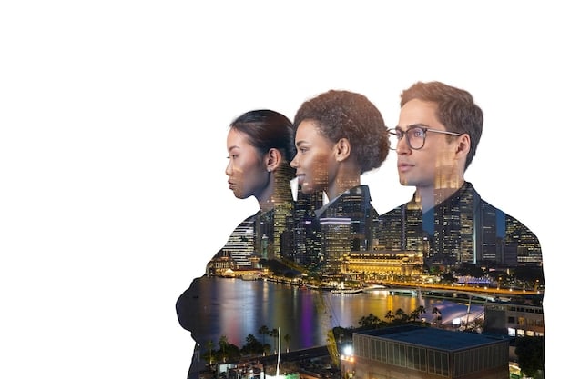 A diverse group of people collaborating around a holographic projection of a city map showing data visualization and analysis. The setting is a bright, modern office space, emphasizing teamwork and innovation in urban planning and technology implementation.