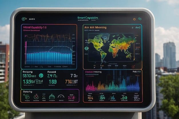 A dashboard displaying real-time data on traffic flow, energy consumption, and air quality in a smart city. The interface is clean and user-friendly, with interactive charts, graphs, and maps, showcasing the power of data-driven decision-making.