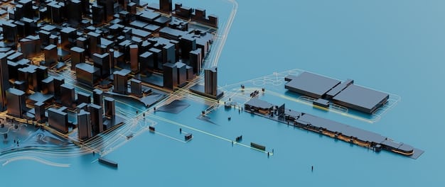 A visual representation of interconnected smart city infrastructure, including transportation, energy, and waste management systems, all linked through a central data network.