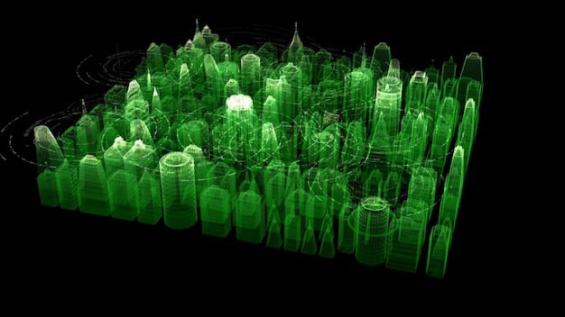 A chart illustrating reduced carbon emissions in a smart city due to optimized energy consumption and waste management, using data analytics to achieve sustainability goals. Comparison between pre- and post-implementation data is displayed.