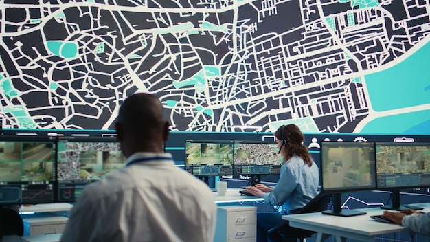 A map of a city showing real-time crime data, emergency response times, and the deployment of public safety resources. The map also displays citizen reports and social media activity related to public safety.