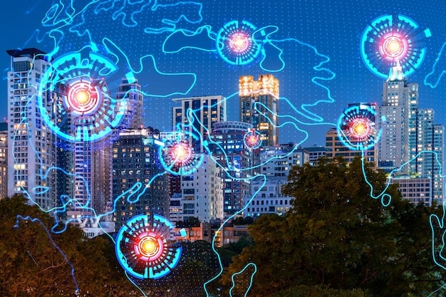 A network of IoT devices (sensors, smart meters, connected vehicles) embedded throughout a cityscape, all transmitting data to a central smart city platform represented by a glowing server room.