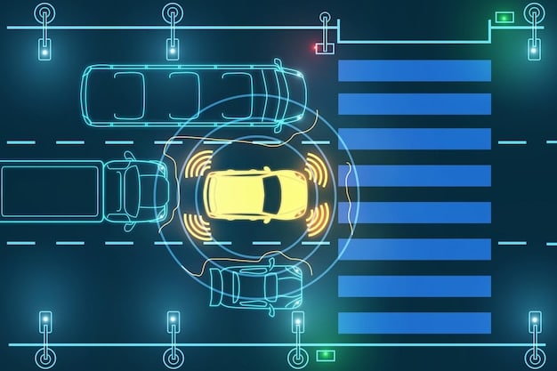 A close-up of an autonomous vehicle's sensor array, including cameras, radar, and LiDAR, highlighting the technological sophistication required for self-driving capabilities. The focus is on the intricate details of the hardware.