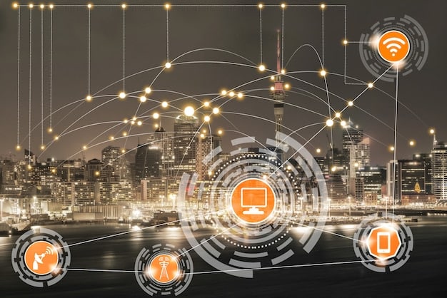 A graphical representation of a smart city network, showing various sensors connected to a central data platform, with icons for data privacy, security, and interoperability.