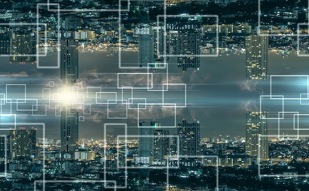 A visual representation of transparent data flow in a smart city, with blockchain nodes connected to various city services like transportation, energy, and governance.