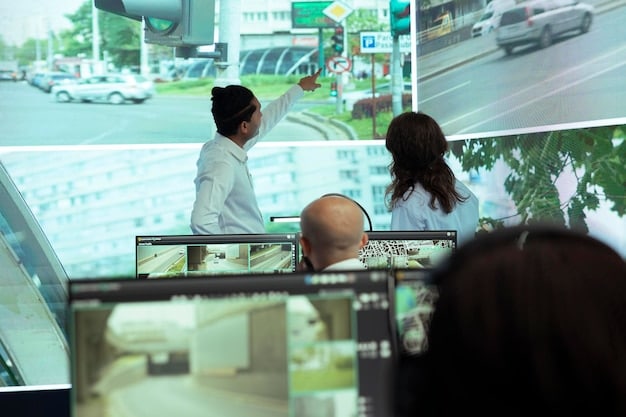 A futuristic control room with displays showing real-time data on city services, and a team of city officials monitoring and managing urban operations. The image should convey a sense of technological sophistication, efficiency, and data-driven decision-making.