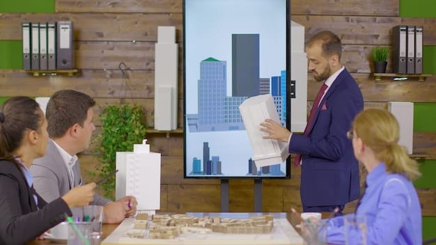 A modern office space with a presentation on smart city infrastructure being displayed. Architects, city planners, and tech experts are engaged in a discussion.