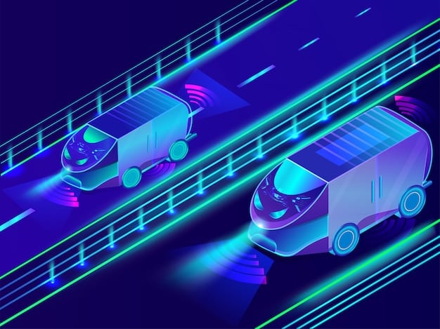 A futuristic scene depicting a fleet of autonomous vehicles operating in a smart city environment. The vehicles are sleek and modern, and the cityscape is filled with advanced technology, such as smart traffic lights and connected sensors. The overall impression is one of efficiency and innovation.