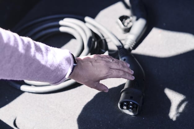 A close-up shot of a person plugging a charging cable into an electric vehicle at a public charging station. The focus is on the charging port and the person's hands, with a blurred background of other EVs and charging stalls.