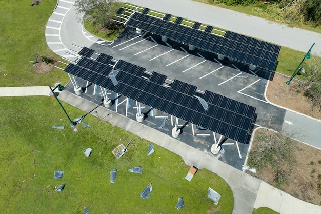 A panoramic view of a solar-powered EV charging station with several electric cars charging. The station is surrounded by lush greenery and a wind turbine is visible in the background, symbolizing renewable energy integration.