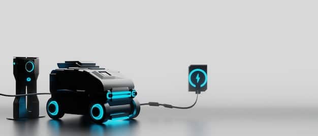 A futuristic rendering of a fully integrated electric vehicle charging ecosystem, featuring a network of charging stations powered by renewable energy sources (i.e., solar panels and wind turbines). The image highlights the seamless integration of EVs into a sustainable energy grid.