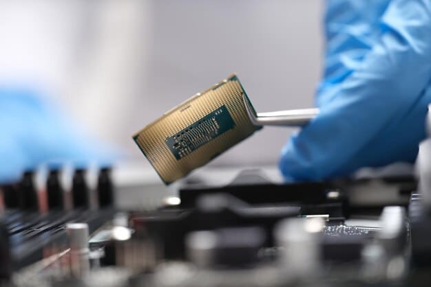 Close-up shot of a worker in a cleanroom environment handling components of an electric vehicle battery. Focus on the precision and controlled conditions required for battery assembly.