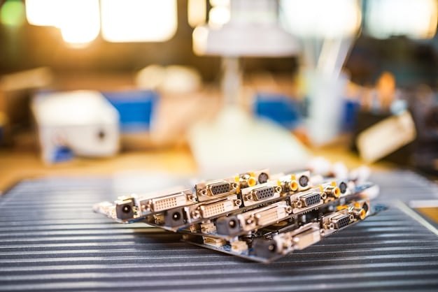 Close up shot of an assembly line in a US factory producing lithium-ion batteries for electric vehicles, showcasing automated robotic arms and workers in protective gear.