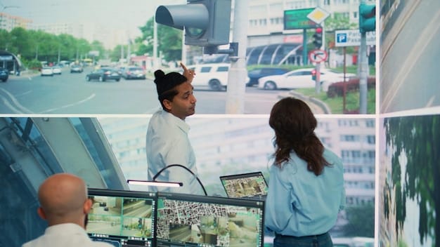 A smart city control center with operators monitoring various data streams, illustrating real-time management and decision-making in a technologically advanced urban environment.