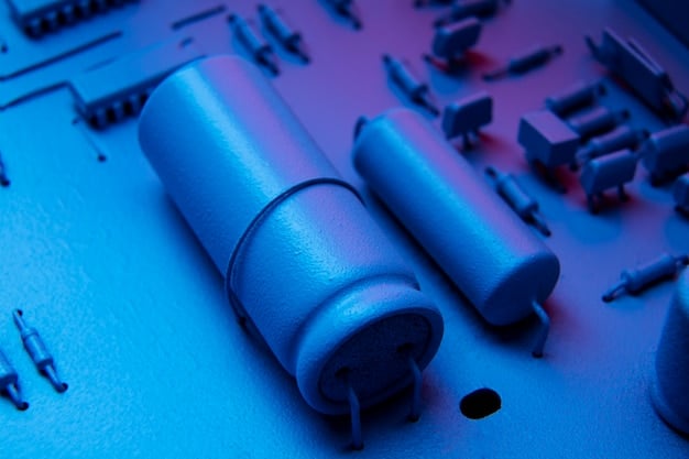 A close-up of a robotic arm assembling batteries in a high-tech factory, with the American flag subtly visible in the background, symbolizing the technological advancement and domestic production of EV components.