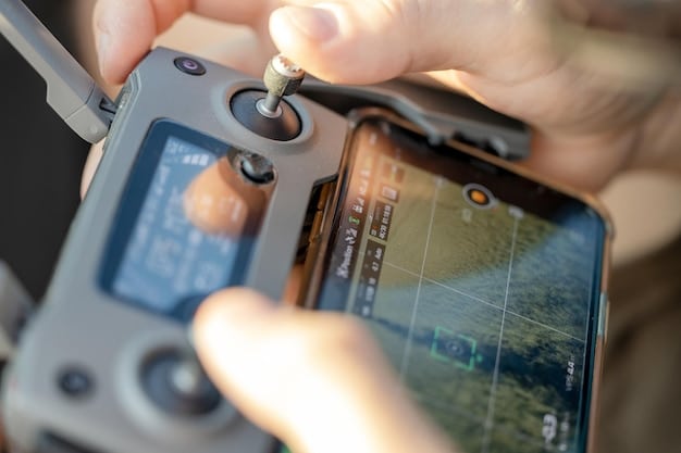 A detailed close-up of a drone's navigation system, highlighting the advanced sensors and GPS technology used for precise delivery. Wires, circuits, and a miniature camera are clearly visible, showing the intricate workings of the system.