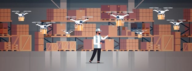 A brightly lit warehouse with workers loading packages onto various drones. Conveyor belts, automated systems, and a control center are visible in the background, emphasizing the technology-driven nature of drone delivery logistics.