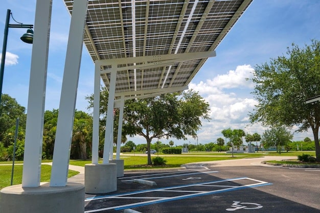 A wide shot of an electric vehicle charging station powered by solar panels. The image should convey the synergy between renewable energy and electric transportation, highlighting the potential for a fully sustainable energy ecosystem.