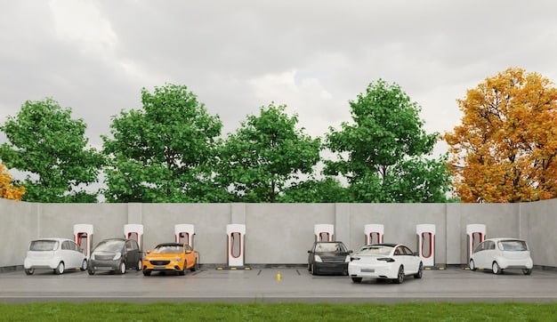 A modern electric vehicle charging station along a highway. Several EVs are plugged in and charging. The background shows a scenic view of rolling hills and wind turbines, emphasizing the clean energy aspect.