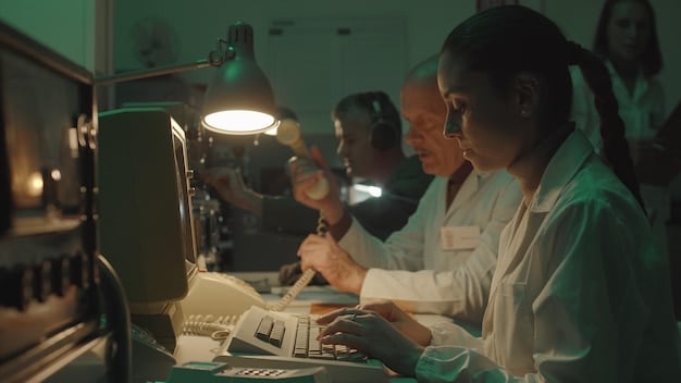 A close-up shot of researchers working in a lab, examining battery components under a microscope, highlighting the scientific precision and innovation involved in battery research.
