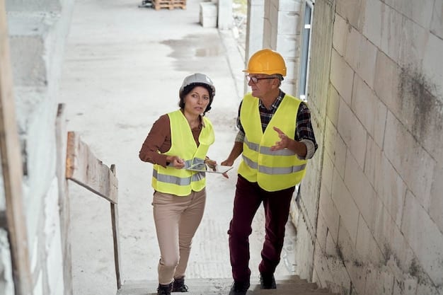 A diverse group of construction workers collaborating on a bridge construction site. Some workers are operating heavy machinery, while others are inspecting blueprints and coordinating the project. The setting is a sunny, outdoor environment with safety measures in place.