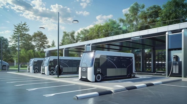 A clean, modern electric bus at a charging station in a city center. The bus is brightly colored and has advertisements for public transit on its side. Solar panels are visible on the roof of the bus station, highlighting sustainable energy use. People are waiting comfortably at the bus stop.