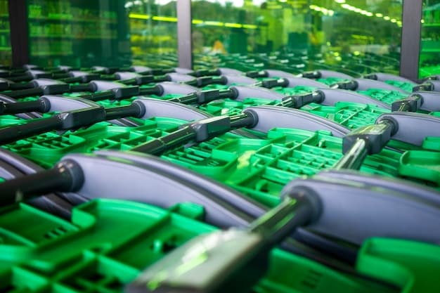A high-tech view inside an electric vehicle's battery manufacturing plant. Robots are assembling battery cells with precision. The environment is brightly lit and sterile, emphasizing the advanced technology and cleanliness of the production process.
