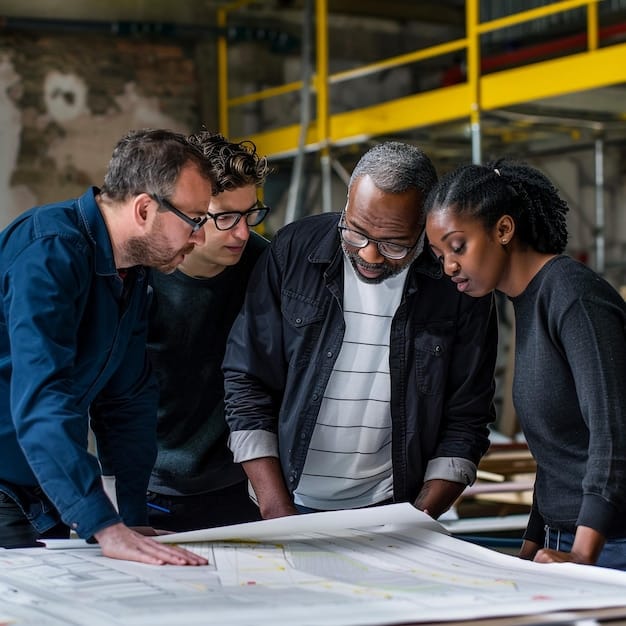 A group of diverse engineers and researchers collaborating around a table, studying blueprints and analyzing data on screens. This represents the teamwork and collective expertise driving the open-source autonomous vehicle platform development.