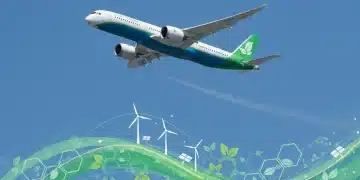 Biofuels in US Aviation: 2026 SAF Production & Decarbonization Sustainable aviation fuel powered jet flying through a clear sky, symbolizing decarbonization efforts in US aviation.
