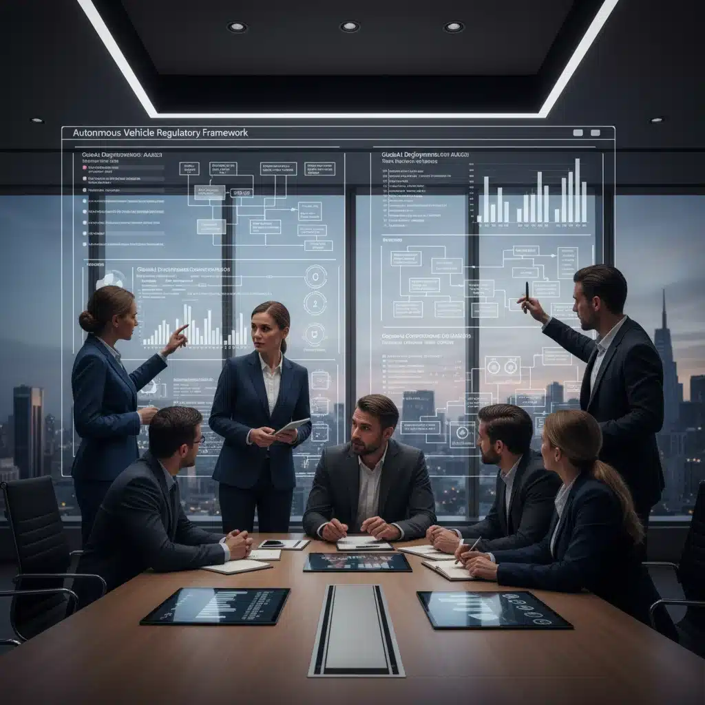 Business executives discussing autonomous vehicle regulatory compliance strategies