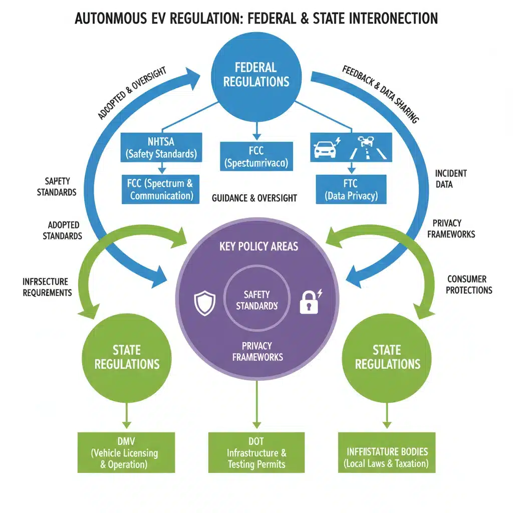 Infographic showing federal and state autonomous EV regulatory interconnections